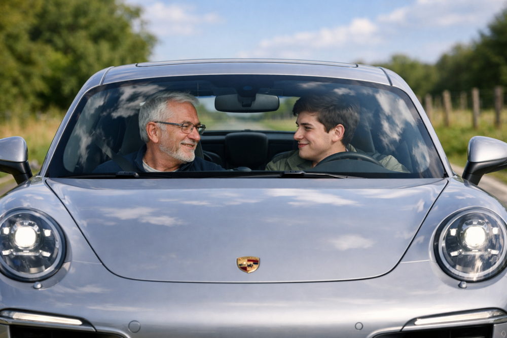 Opa en kleinzoon in Porsche